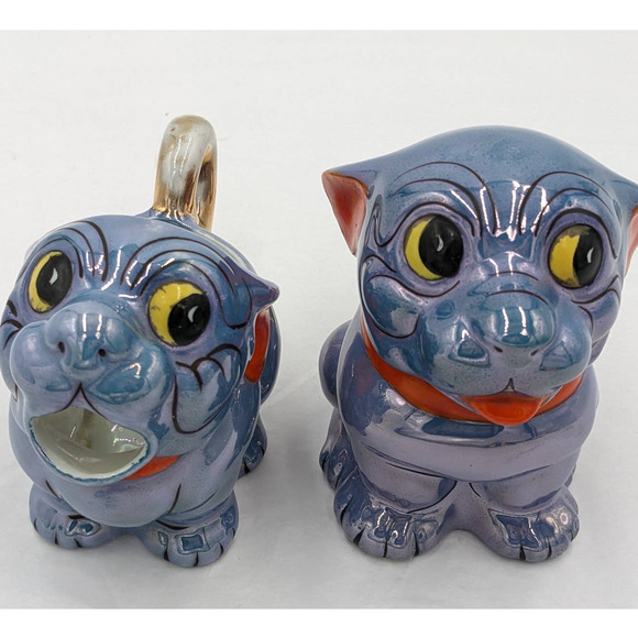 Japanese Bonzo Dog Fu Blue Lusterware Sugar Creamer Hand Painted Anthropomorphic - Picture 1 of 13